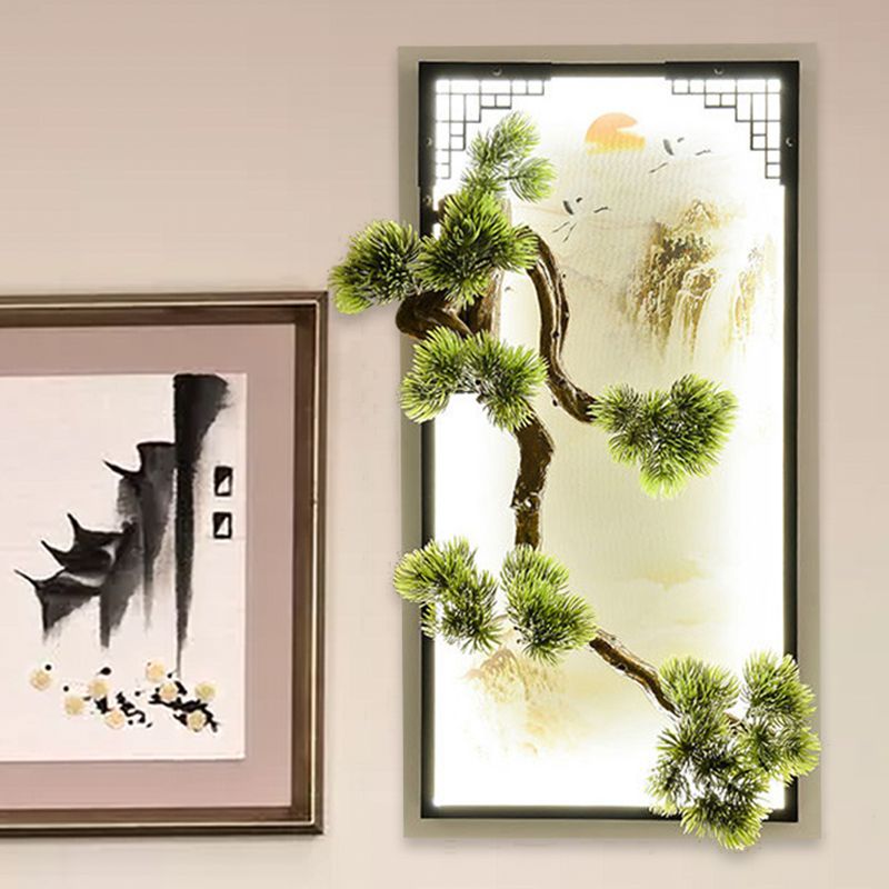 Chinese Landscape Iron Mural Sconce Light LED Flush Mount with Pine Tree Decor in Green