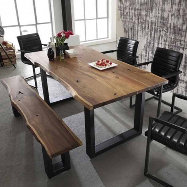 Metal Industrial Rectangle Dining Table Solid Wood Top Table with Sled Base