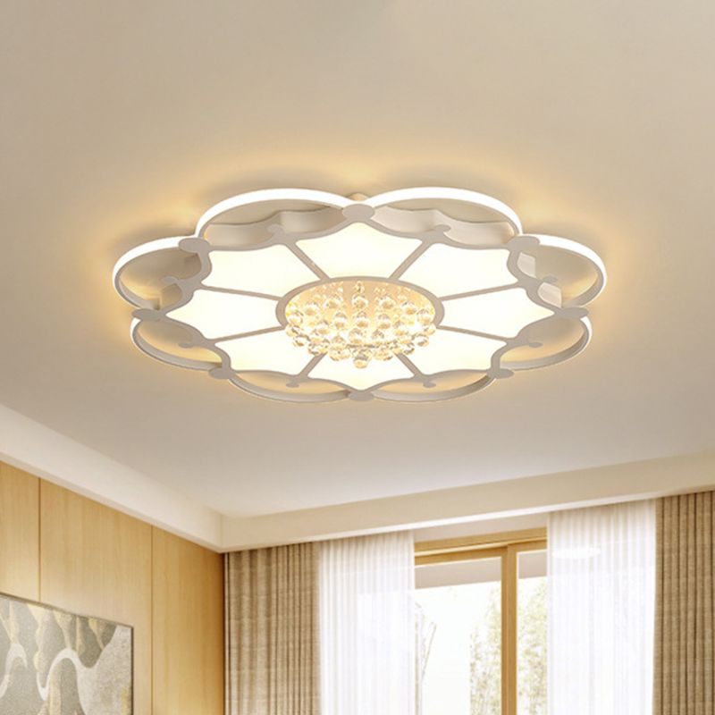 White Floral LED Ceiling Lamp Modern Acrylic Living Room Flush Mount Light with Crystal Orbs