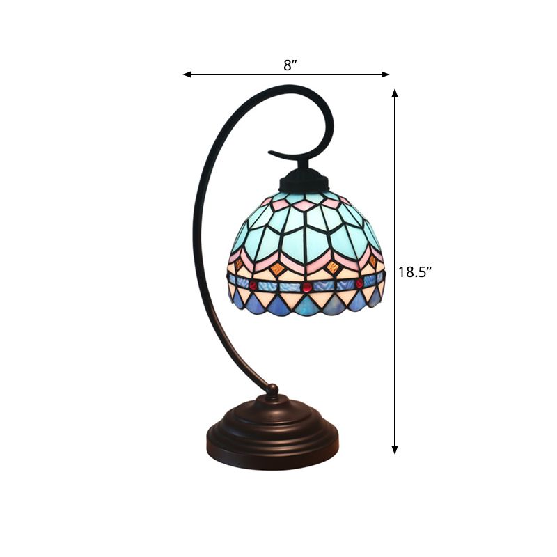 Yellow/Blue Domed Nightstand Lamp Tiffany Style 1-Light Stained Art Glass Task Lighting with Curvy Arm