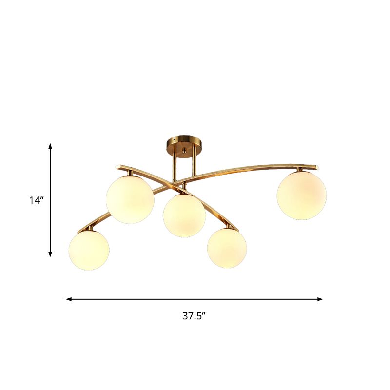Modern Sphere Shade Semi Ceiling Mount Light Opal Glass Gold Ceiling Lamp for Study Room