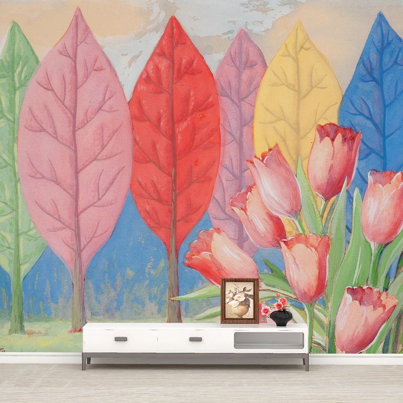 Leaf Tree and Tulip Murals Decal Multicolored Surrealism Wall Art for Living Room