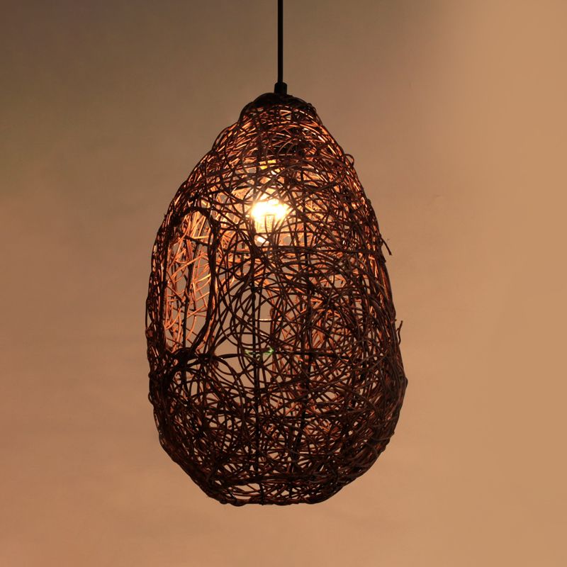 Rattan Hand-Worked Pendant Lighting Japanese 1 Bulb Ceiling Suspension Lamp in Brown