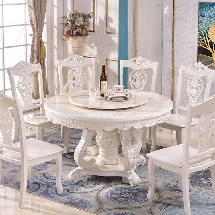 White Stone Top Dining Table Round Table with Wood Pedestal Base