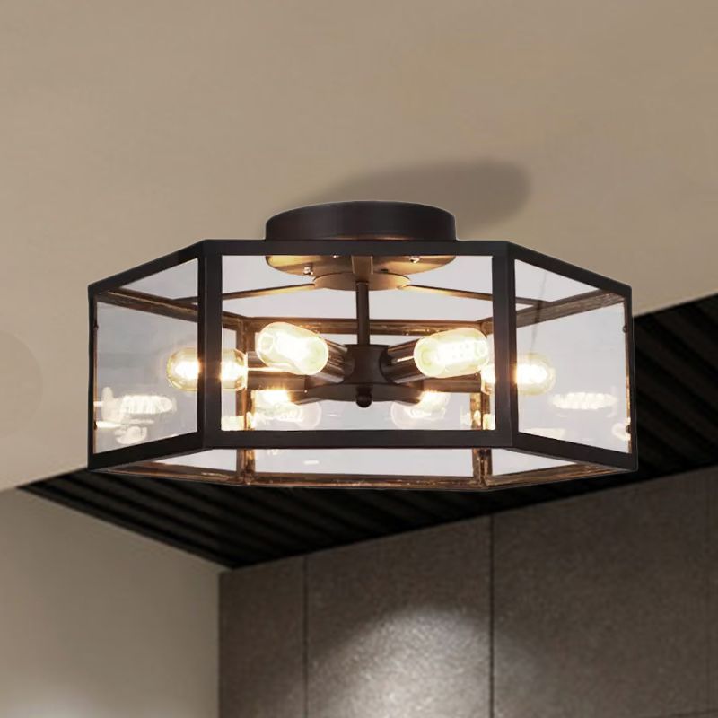 6 Bulbs Semi Flush Mount Vintage Geometric Clear Glass Ceiling Light in Black for Kitchen