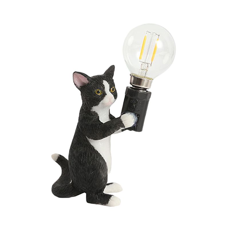 Tabby Cat Holder Table Lamp Kids Iron 1 Bulb Black/Yellow/Blue Nightstand Light with Bare Bulb Design