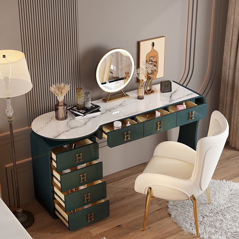 Modern Wood Vanity Table Set with Mirror and Stool Glam Slate 7 Drawers Dressing Table