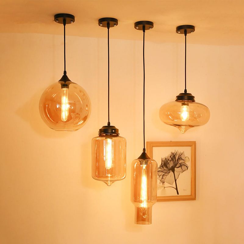 Amber Glass Pendant Lighting Geometric 1-Light Industrial Suspension Lamp