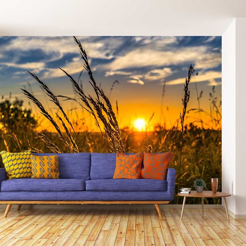 Customized Wheat Field Mural Stain Resistant with Plump Ears of Wheat Pattern for Dining Room