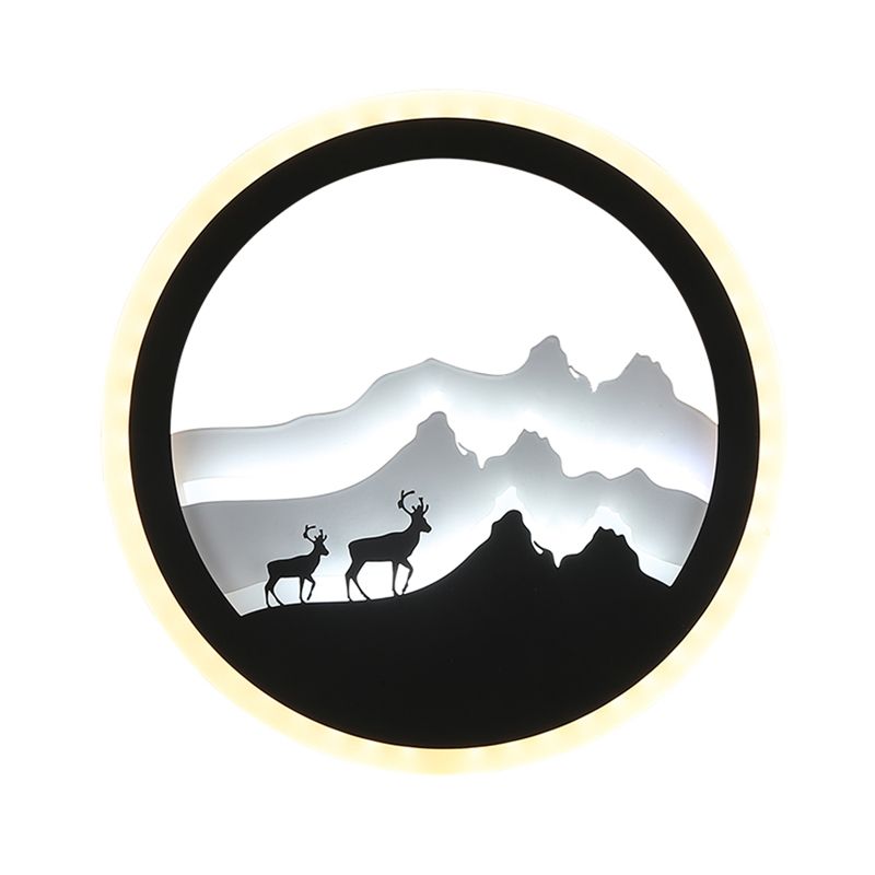 Acrylic Round Deer and Mountain Wall Light Chinese Style LED Black and White Wall Mural Lamp