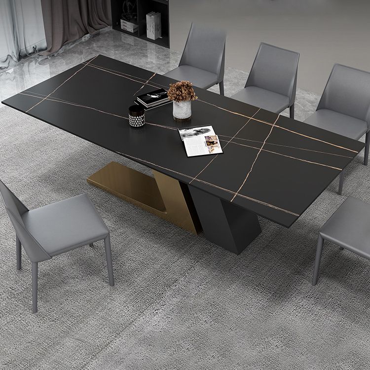 Gold Metal Base Rectangle Table Modern Black and White Sintered Stone Top Dining Table