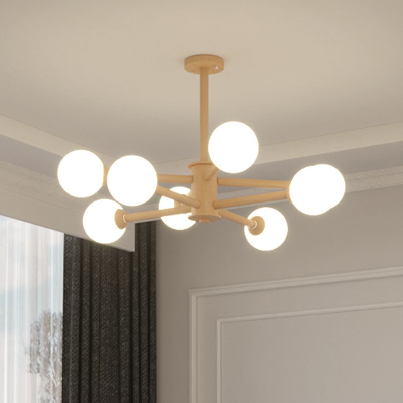 Beige Solid Wood Hanging Light Simplicity Modern Style White Frosted Glass Shade Chandelier Lamp for Living Room Bedroom