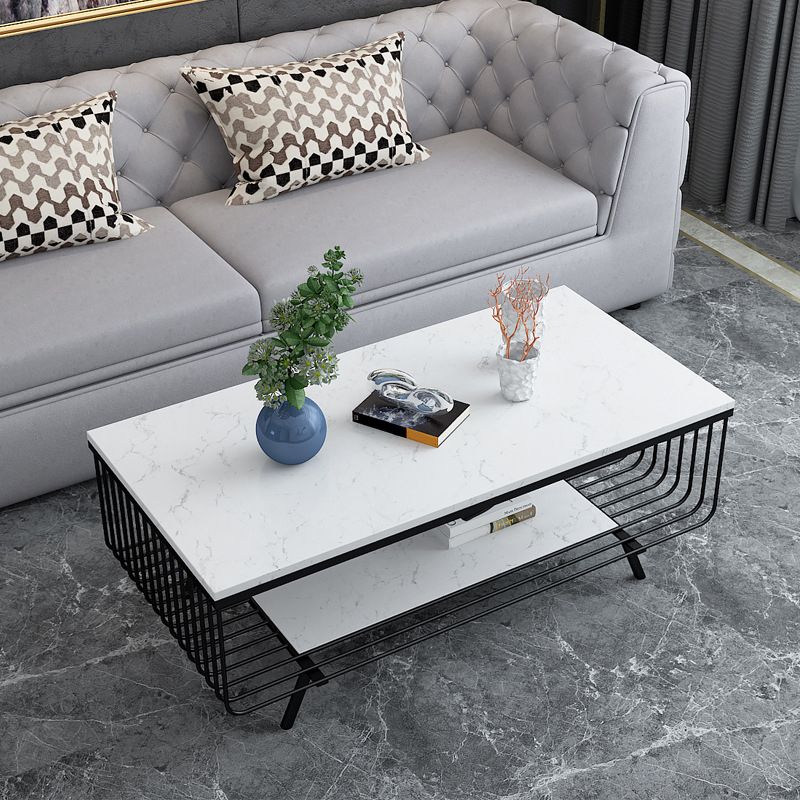 Glam 4 Legs Rectangular Marble Top Coffee Table with Storage Shelf