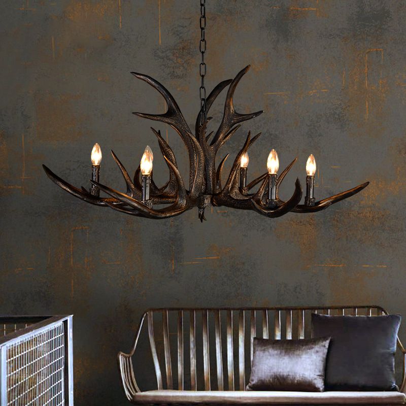 Traditional Candle Hanging Lamp 6/10/15 Bulbs Resin Chandelier Light Fixture in Black for Store