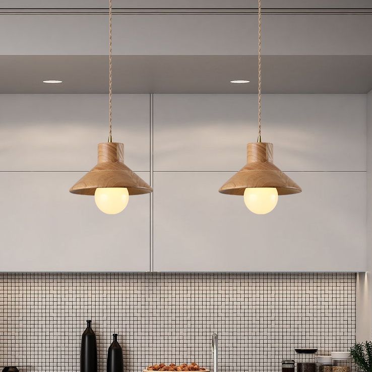 Wood Cone Pendant Lamp Contemporary Style Hanging Light for Dining Room