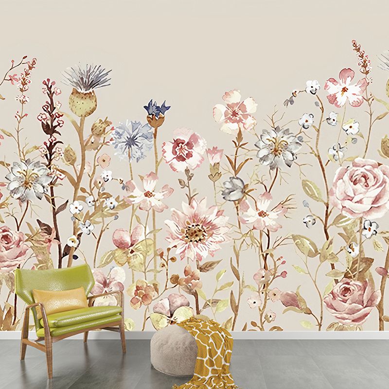 Watercolour Flower Wall Murals Orange Countryside Wall Art for Bedroom, Non-Woven Material