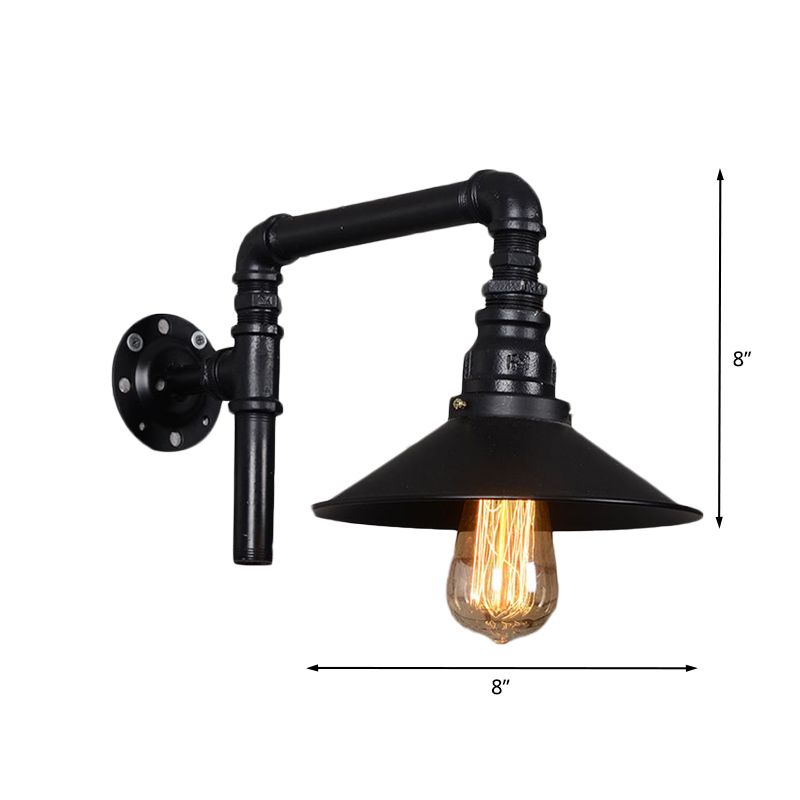 1 Bulb Iron Sconce Light Fixture Vintage Black Flared Restaurant Wall Mount Pipe Lamp with Right Angle Arm