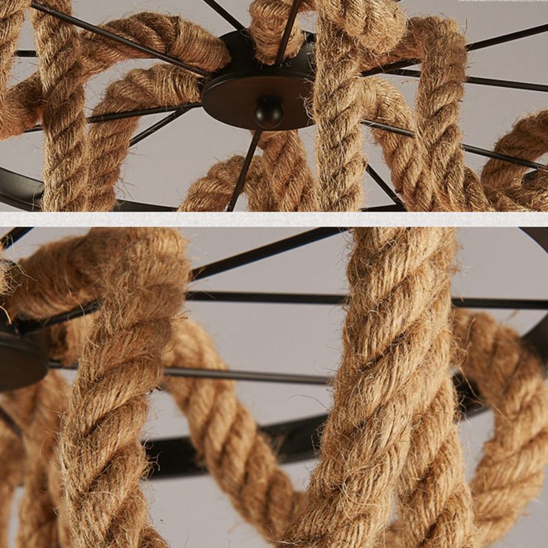 Lámpara de araña colgante negro de estilo retro de la rueda de la cuerda del lámpara de iluminación de la lámpara