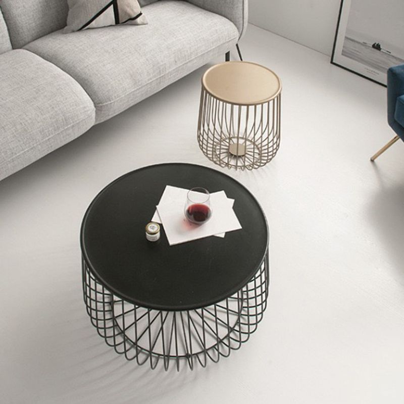 Mid-century Modern Round Iron Coffee Table, Brass/Black Frame Cocktail Table with Storage