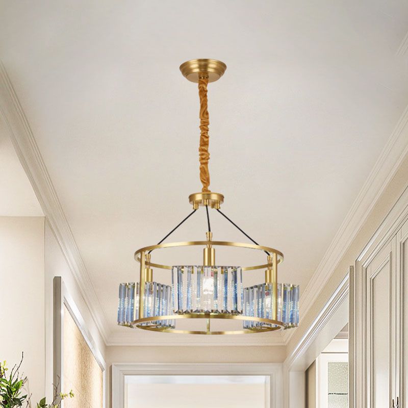 Modern Circular Pendant Chandelier 3-Bulb Crystal Block Hanging Ceiling Light in Brass