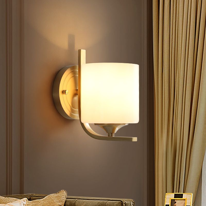 1 Light Drum Shade Wall Sconce Light Modernism Style White Glass Wall Lamp in Brass for Bedroom