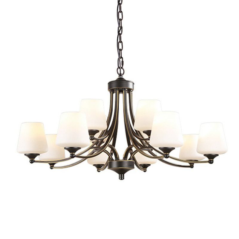 Tapered Shade White Frost Glass Suspension Light Rustic Living Room Chandelier Light