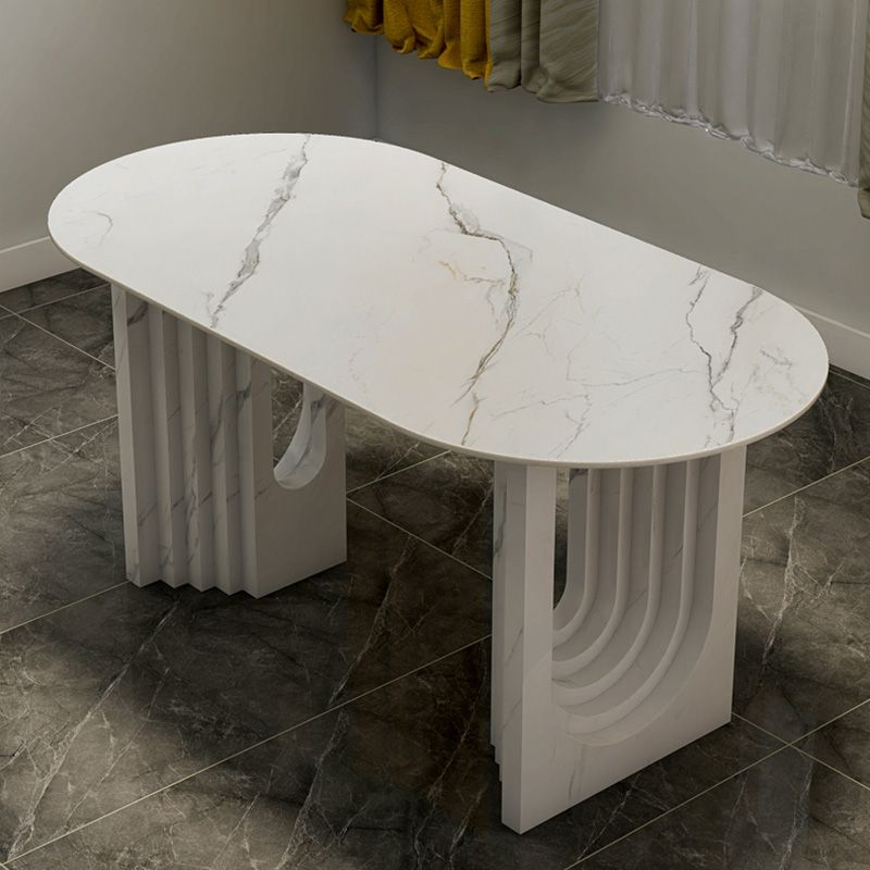 47.24''L Contemporary Sintered Stone Table White Dining Table with Double Pedestal Bases