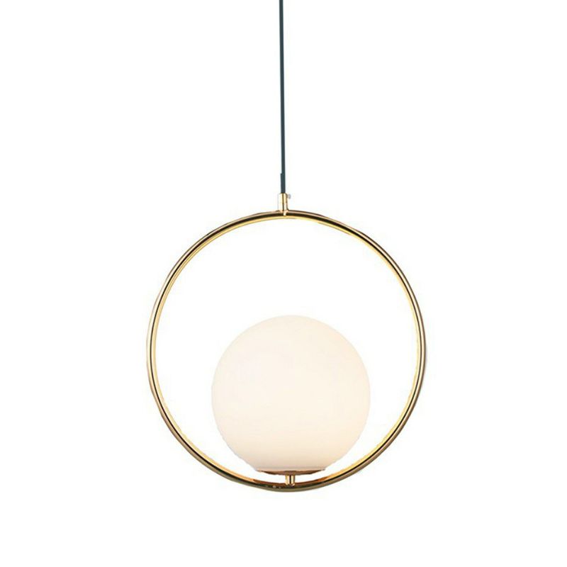 Lampada sospesa sferica in vetro bianco Postmoderno 1 ciondolo a testa a testa con anello di metallo in ottone