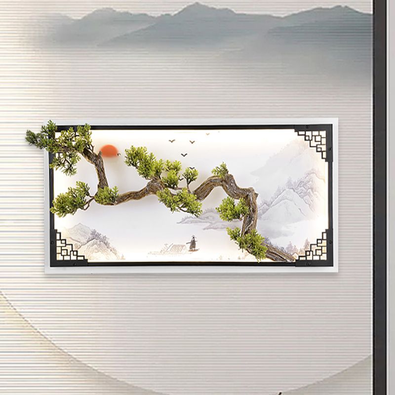 Pine Branch LED Wall Mural Lamp Asia Iron Living Room LED Sconce Lighting in White-Green