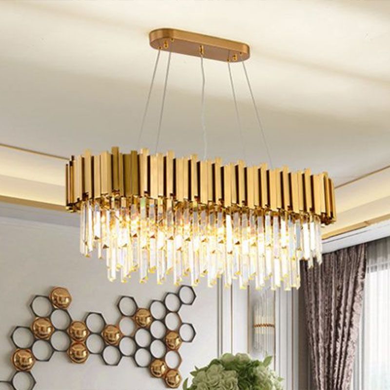 Postmodern Oval Hanging Light Prismatic Crystal 5 Heads Dining Room Island Ceiling Light in Gold