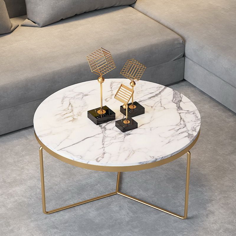 Round Coffee Table Set with Golden Iron X-Base and Marble Top