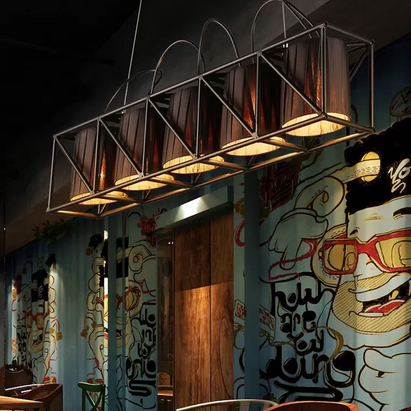 5-Light Barrel Island Lighting Traditional Black Fabric Suspension Pendant for Restaurant