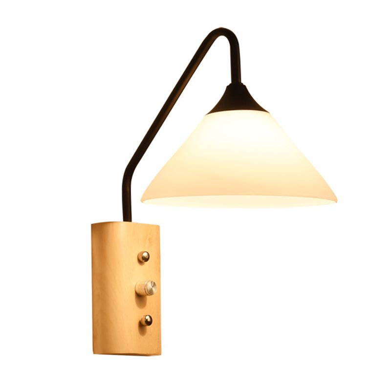 11.8" H Glass Cone Shade Simplicity Wooden Wall Lamp Metal Gooseneck Arm 1-Light Sconce Lights with Independent Switch