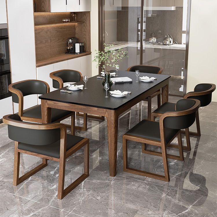 Modern Rectangle Dining Table Black Stone Top Dinette Table with Wooden Legs