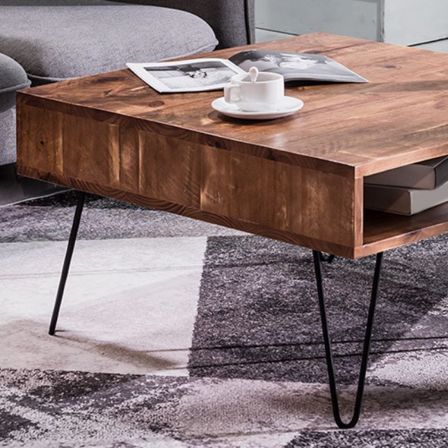 Contemporary Coffee Table with with Brown Top and Black Iron Legs