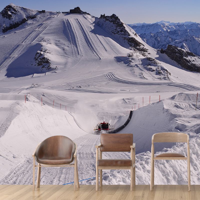 Snow Mountain Construction Mural Wallpaper Modern Non-Woven Wall Decor in Grey-Blue