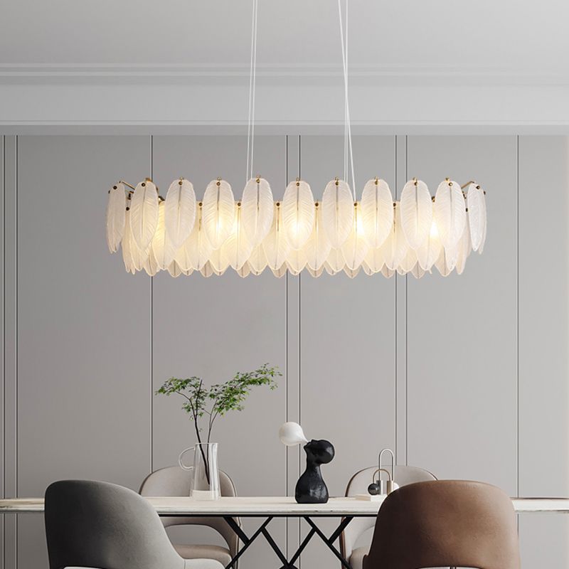 Gold Modern Metal Ceiling Lamp Feather Shape Island Light with Glass Shade for Living Room