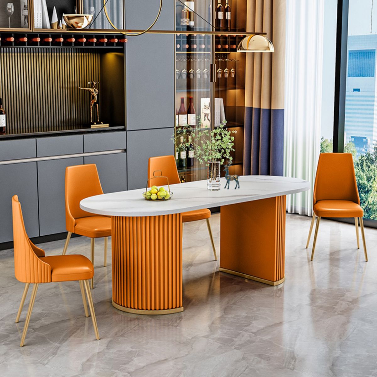 Stone White Top Dining Table Modern Dining Table with Double Pedestal Base