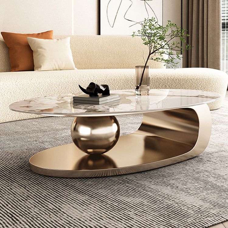 Elliptical Slate Glam Coffee Table 27.6" D Abstract Cocktail Table with Floor Shelf