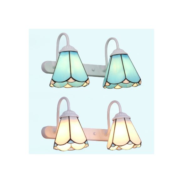 2 Heads Vanity Lighting Fixture Tiffany Cone White/Blue Glass Wall Mounted Light for Bedroom