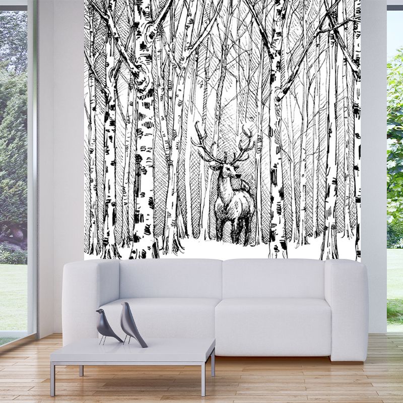 Black-White Modern Art Mural Full Size Deer in Bare Trees Patterned Wall Decor for Home