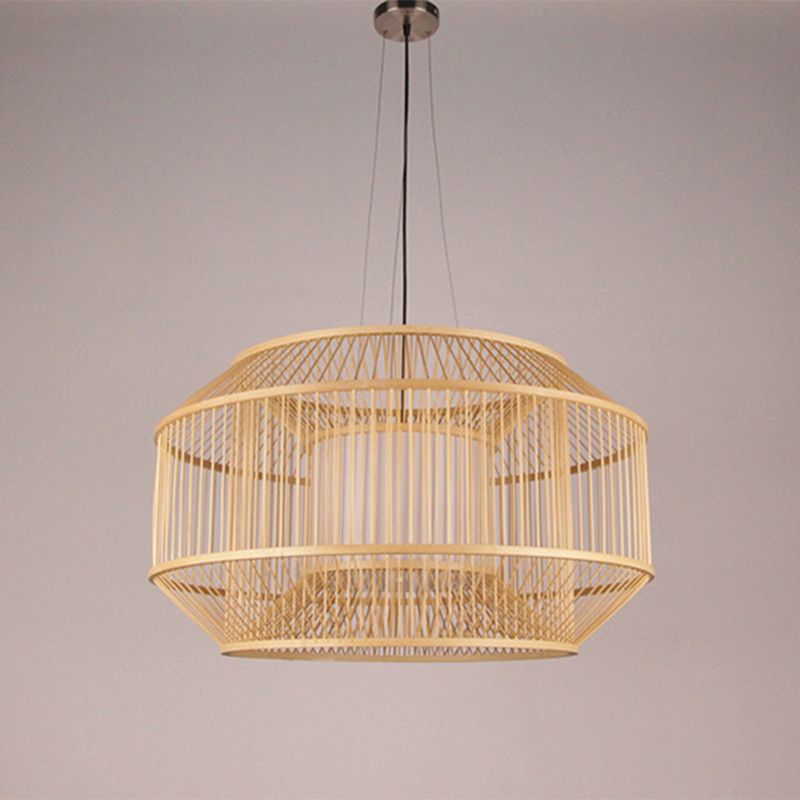 Beige Round Lantern Pendant Chinese Style 1 Bulb Bamboo Hanging Light for Dining Table