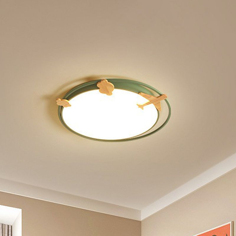 Circular Flush Mount Lighting Cartoon Metallic Kids Bedroom LED Flush Mount Fixture with Wooden Decor
