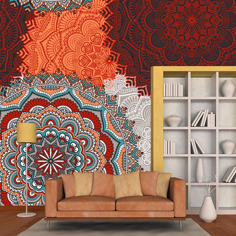 Abstract Flowers Murals Wallpaper Bohemia Non-Woven Cloth Wall Art in Orange Red