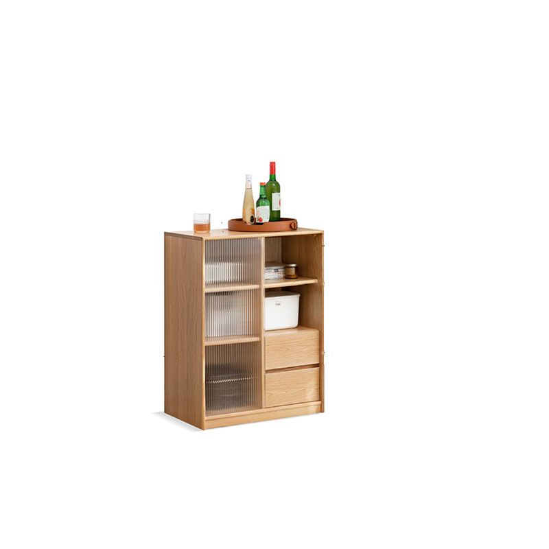 Natural Solid Wood Grooves Glass Paned Living Room Accent Cabinet with Shelves