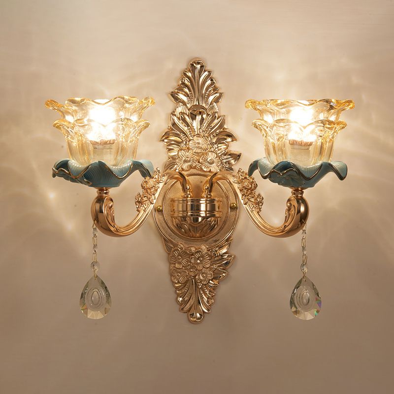 Bruin glazen bloemen ruches wandlamp barmonus vintage gang muur gemonteerde lamp met hangend kristal in goud