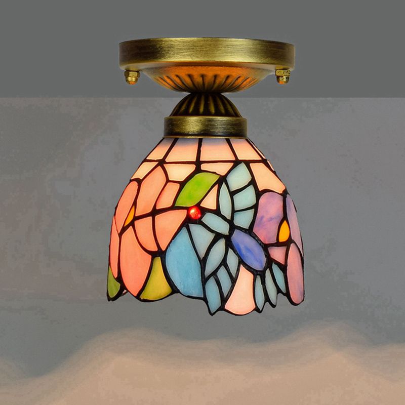 Shaded Flush Mount Light Tiffany Single-Bulb Stained Art Glass Semi Flush Ceiling Light