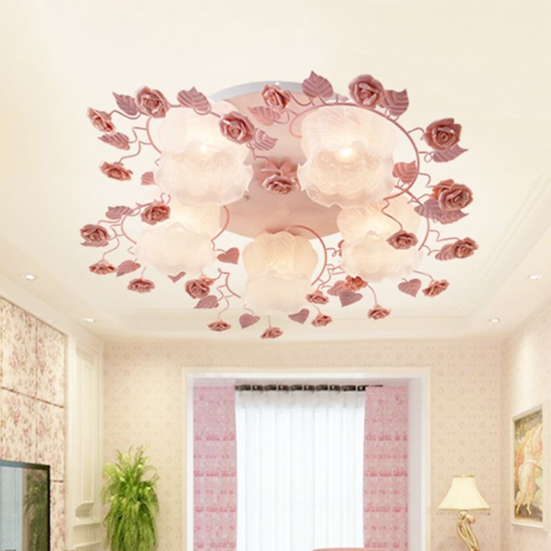 Floral White Glass Ceiling Mounted Fixture Traditional 3/5 Bulbs Living Room Flush Mount Lamp in Pink/Green