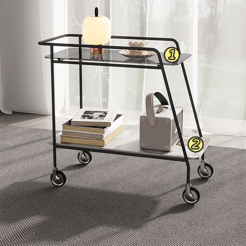 25.59" Tall Rectangle Glass Top Side Table Iron Base End Table with Shelf and Wheel