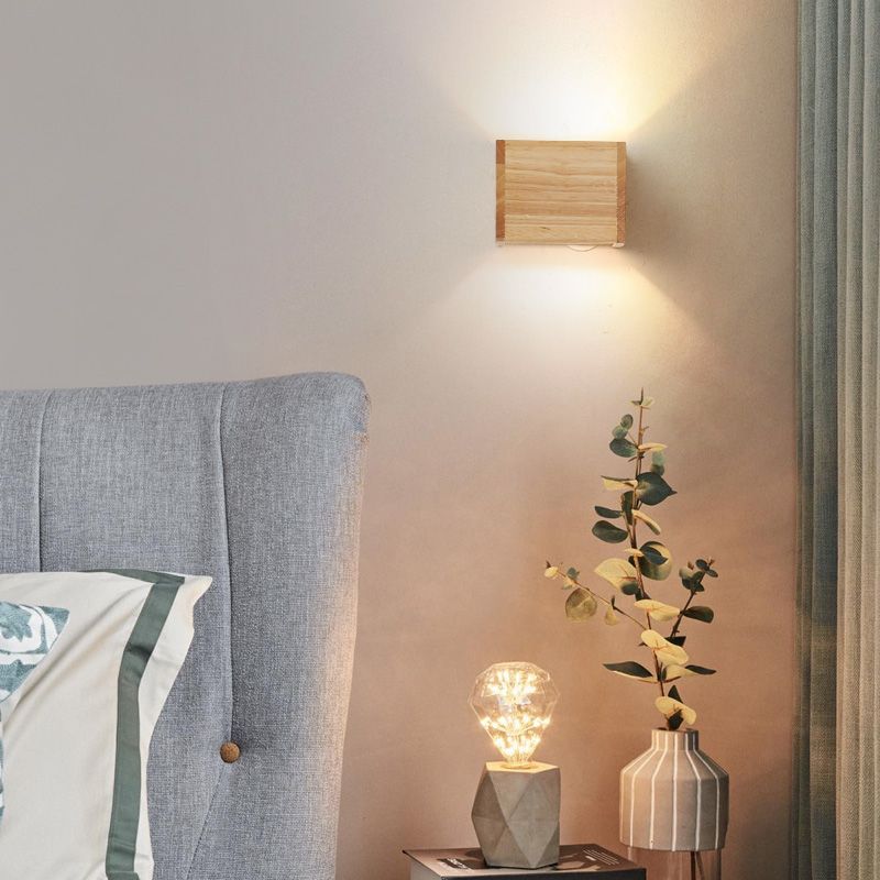 Nordic Style Wood Wall Light Cube Shape 4.5" Wide Wall Sconce for Bedroom